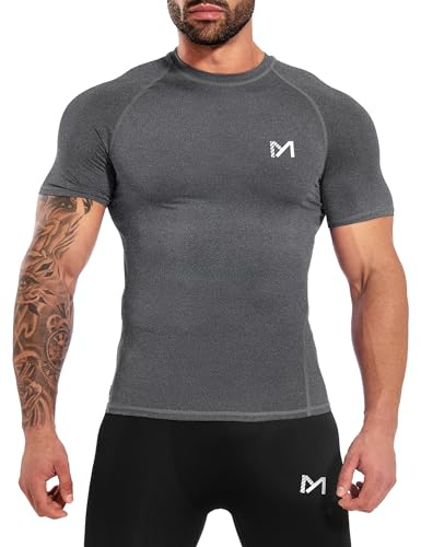 MEETYOO Camicia a Compressione da Uomo Maniche Corte, Traspirante Asciugatura Rapida per Fitness Running Palestra Corsa Allenamento Crossfit, Grigio,XL
