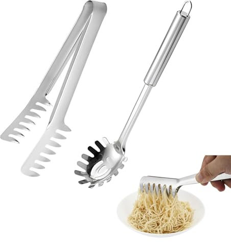 JOYOLA 2 Pezzi Spaghetti Server Set, Tenaglie per Spaghetti in Acciaio Pinza per Spaghetti Cucchiaio per Spaghetti Cucchiaio di Pasta Server Forchetta per Cuocere Pasta, Spaghetti, Insalate