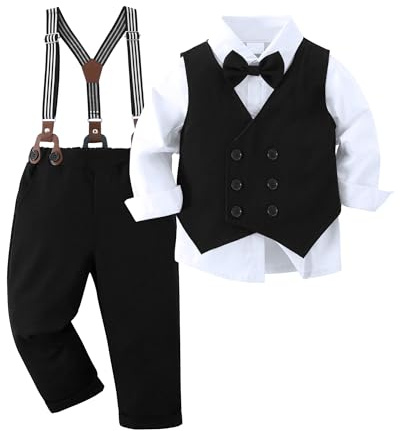 Amissz Garçon Gentleman Vêtements Ensembles 7-8 Ans, Enfant Mariage Baptême Tenue Costume Haut Chemise+Gilet+Pantalon+Nœud Papillon, Noir