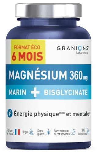 GRANIONS - Magnesium Bisglycinate + Magnesium Marin - FORMAT 6 MOIS | Magnésium Marin + Magnésium Bisglycinate + Vitamine B6 | Magnesium de Haute Qualité | Anti Stress | 180 Comprimés de magnésium