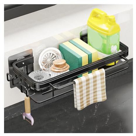 Bieiyhe Spülbecken Organizer Schwarz,Küchenorganisation Spüle,Küchenspüle Ablage,Schwammhalter,Sink Organizer,Küchen Organizer Hängend,Spülorganizer Küche,Spülorganizer Handtücher- Ohne Bohren