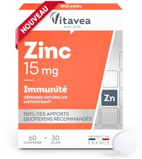Vitavea - Zinc - Haut dosage 15 mg - Complément alimentaire immunité - Système immunitaire, défenses naturelles et antioxydant - Zinc biodisponible - 60 comprimés - Cure 1 mois - Fabriqué en France