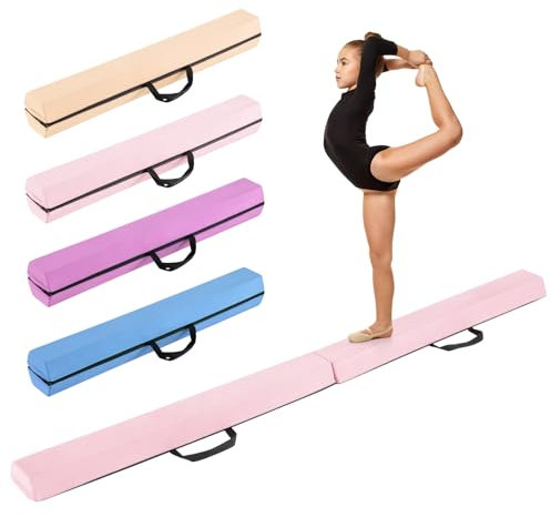 COSTWAY 210 cm Schwebebalken, Gymnastikbalken klappbar, Turnbalken rutschfest, Balance Beam bis 73 kg, tragbarer Balken mit Tragegriffen, Gymnastik Balance Balken für Zuhause Turnen (Light Pink)