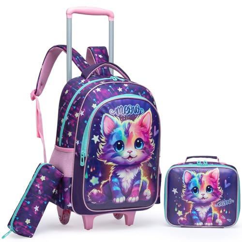 Egchescebo Kids Rolling Cats Backpack for Girls Trolley Suitcases Luggage Travel with Wheels Bookbag Wheeled 3PCS Roller Backpacks Toddler Tote Bag Back Pack School Bags Set for Elementary Purple