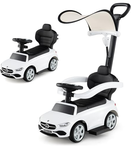 COSTWAY Coche Correpasillo 3 en 1 para Niños, Coche de Juguete con Barra de Empuje y Capota Ajustable, Coche con Pedal y Bocina para Niños de 18-36 Meses con Sonido (Blanco)