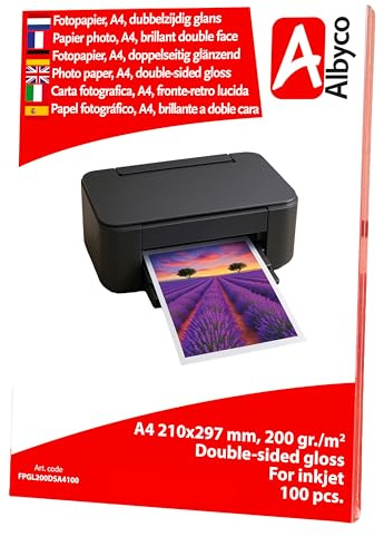 Albyco Fotopapier Inkjet A4 Glänzend 200 gr/m², Beidseitig bedruckbar, verpackt pro 100 Blatt