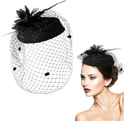 Dimeho Tocado para mujer, con velo, plumas, tocado, pinza para el pelo, sombreros de los años 20/50 con velo, sombrero vintage, elegantes sombreros para cóctel y té, Negro , Talla única