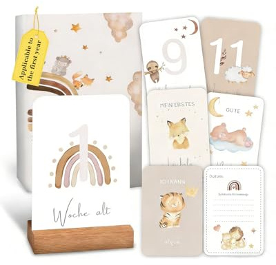 SOVYTH Tarjetas de hitos para bebé,50 tarjetas (reverso diferente), incluye soporte para tarjetas de madera, regalo para bebé para niño y niña, diseño de animales lindos