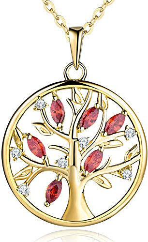 JO WISDOM Collier Pendentif Arbre de vie Yggdrasil Argent 925 Femme AAA Zirconium Pierre de naissance de Janvier Couleur Grenat avec plaqué or jaune