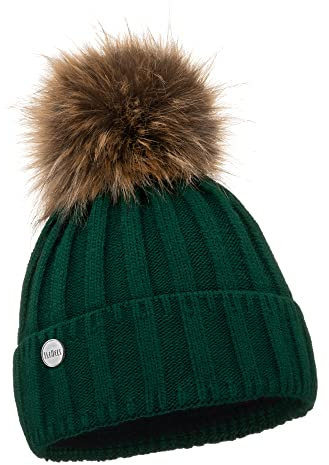 ELIMELI Kaschmir Mütze Damen Winter warme Strickmütze Wollmütze mit Kaschmir Wintermütze mit Kunstfell Bommel Slouch Strick Beanie Damen für Winter Bommelmütze Hergestellt in EU (Grün)