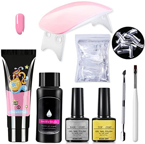 Juego de gel de uñas de 8 piezas, Kit de uñas de polígel con adhesivo de extensión rosa Juego de gel de extensión de uñas, kit de inicio de laca en gel, diseño de uñas, juego de poligel con lámpara UV