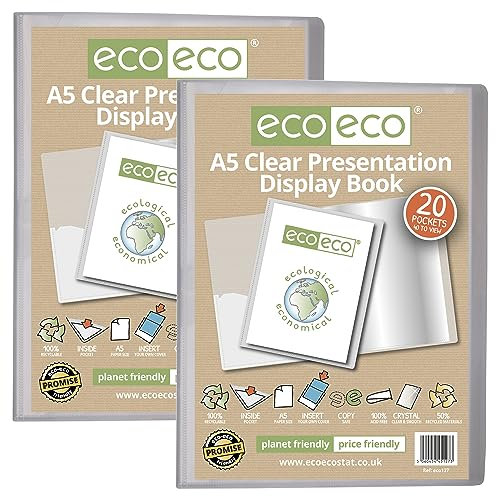 eco-eco Präsentationsbuch, A5, 50% recycelt, 20 Taschen, transparent, Aufbewahrungsbox, Portfolio-Kunstmappe mit Kunststoffhüllen, 2 Stück, eco127 x 2