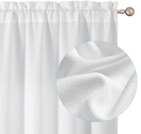 Chyhomenyc White Curtains 45 Inch Length 2 Panels, Faux Linen Textured
