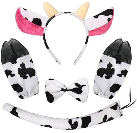 Hifot Kostym 5 Stycken, Ko Horn Öron Hårband Fluga Handskar Svans Set, Djurkostym Tillbehör för Barn Vuxna, Halloween Karneval Cosplay Fest Födelsedagar Världbok