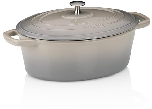 kela Bräter Gusseisen oval 4 Liter, Dutch Oven CALIDO, Induktion Gussbräter mit Deckel, Gusseisen Topf Brot backen, emailliert, hellgrau