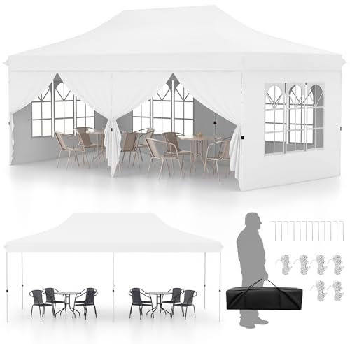 TANGZON 3 x 6M Pop Up Canopy Tent, 3-Level Height Adjustable Sunshade Shelter Gazebo with Carrying Bag & 6 Detachable Side Walls, Heavy-duty Marquee Tent for Garden Patio Backyard (White)