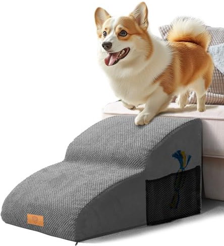 Masthome Scaletta per Cani Estesa a 2 Gradini, Scala Cane in Spugna per Letto Divano, Scale Antiscivolo per Animali Anziani/Feriti per Salire Sul Letto, con Copertura Rimovibile e Lavabile (Grigio)