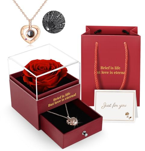 ADAZ Rose Eternelle avec Bijoux, Fleur Eternelle Coffret Rose Éternelle avec I Love You Collier, Idee Cadeau Femme, Cadeaux pour Femme pour Anniversaires, Noel, Saint Valentin, Fete des Meres