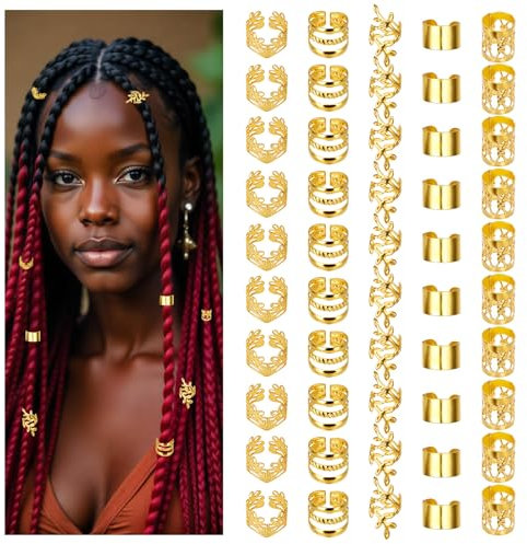 TIESOME 50 Stück Dreadlocks Schmuck, Haar Schmuck Haarschmuck Gold Haarperlen zum Klipsen Festival Haarschmuck für Dreadlock-Zubehör Haar-Zöpfe