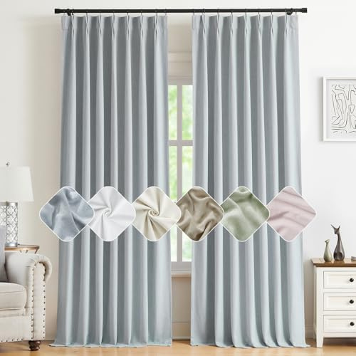 Kayne Studio Blue Fog Pinch Pleated Full Blackout Curtains 90 Inch, Linen Blend Thermal Insulated Soundproof Room Darkening Back Tab Window Drapes with Hooks for Living Room Bedroom(2 Panels, 40x90)