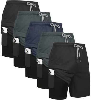 HOPLYNN 5 Pack Mens 2 in 1 Running Shorts with Liner, Quick Dry Workout Training Gym Athletic Sport Shorts with Pockets 2 Black 2 Gray 1 Blue Small