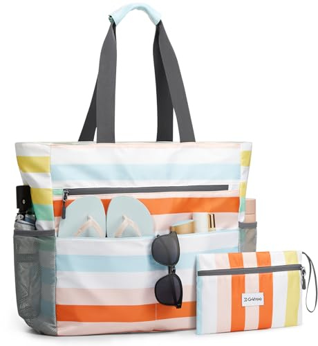 G4Free Beach Bag, Waterproof Sandproof Beach Tote Bag, Large Capacity Foldable for Women, Rainbow