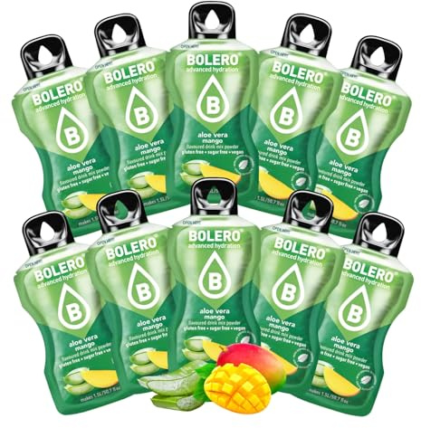 BOLERO Aloe Vera Mangue - 10 sticks de poudre aromatisante sans sucre | Arôme aloe vera mangue - 1 stick de 9 g pour 4 litres d'eau - Édulcoré à la stevia - Sans conservateur ni colorant artificiel