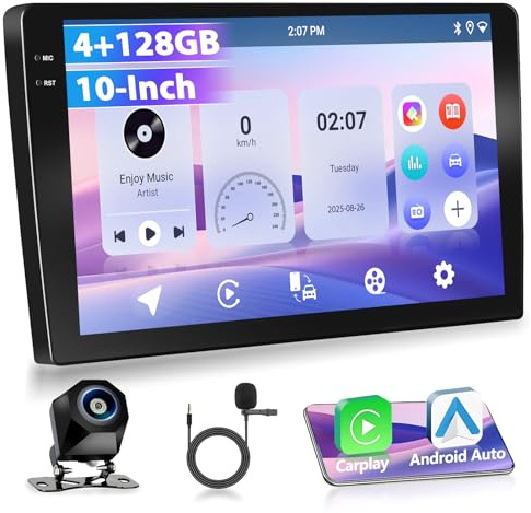 Motorsi 2 Din 4G+128G Autoradio 10'' 1280P Stereo Radio con Sistema Android 15, Apple Carplay Android Auto GPS Bluetooth 5.0 WiFi FM/RDS 2USB include Telecamera di Backup AHD, Microfono