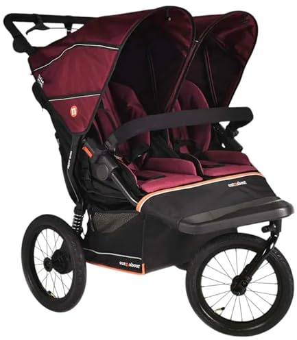 Out'n'About Nipper Double V6 Plus Pushchair with Raincover, Certified Running Buggy, Lightweight One-Hand Fold All-Terrain Twin Stroller Pram with Suspension, 14” Air-Filled Wheels (Brambleberry Red)