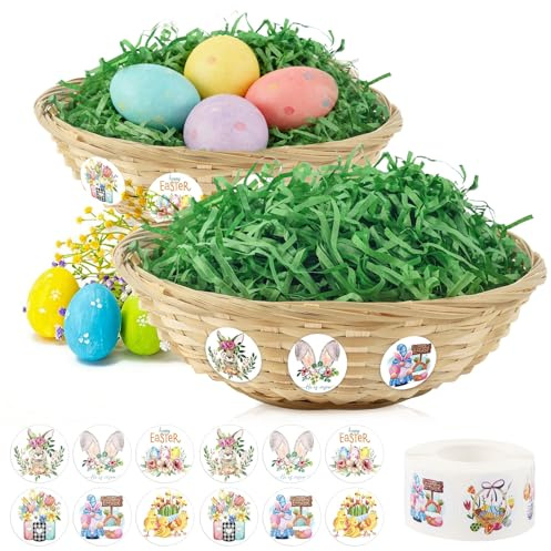 2 cestini pasquali, cesto regalo di Pasqua con erba decorativa e adesivi, cestini pasquali in bambù intrecciato per decorare le uova di Pasqua