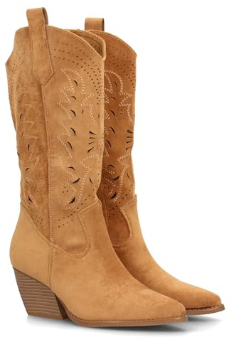 Bota Alta de Mujer Estilo Cowboy con Diseno Troquelado Decorativo, Punta Fina y Tacon campero Diseno Western, Entretiempo Ideal para Uso Diario Primavera Verano