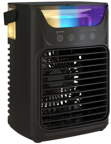 HOMCOM Portable Air Conditioner 4-in-1 Mini Air Cooler 3 Wind Speeds Black | 2 Cool Mist, RGB 7 LED Light, 700ml Water Tank, 2-6H Timer, Small Cooling Fan, for Home, Office, Bedroom