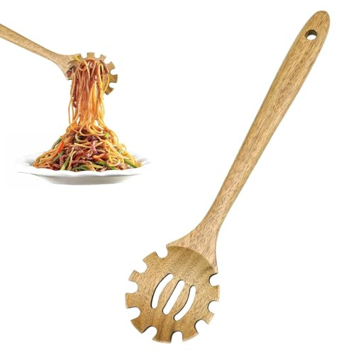 CHSEROK Accesorio para Pasta 33 cm, Cuchara para Espaguetis de Madera de Acacia, Cuchara Dentado, Servidor de Pasta con Función de Colgar, para Fideos, Huevos y Empanadillas