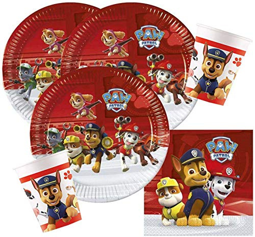Procos 10118266 Set de fête Paw Patrol 52 pièces, 16 assiettes, 16 tasses et 20 serviettes, vaisselle jetable, décoration de table, héros sur 4 pattes