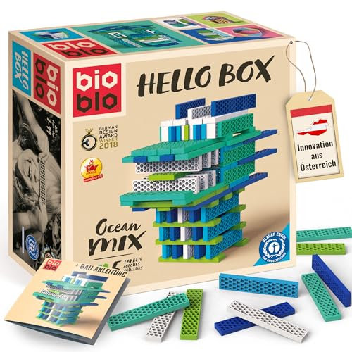 bioblo Hello Box Ocean Mix mit 100 Stück | Nachhaltige Bunte Bauklötze für Kinder ab 3 Jahren | Holzbauklötze Kinderspielzeug | STEM Montessori Spielzeug für Stapel- & Balancierspiele