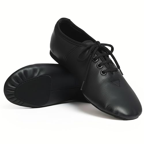 Jazz Dance Black Shoes Modern Stage Shoes, Rubber Split Sole, Pure Leather Jazz Shoes (See Size Guide in Pictures) Lace Up (9)