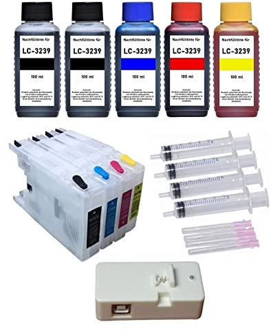 Inkpro wiederbefüllbare Tintenpatronen kompatibel mit Brother LC-3237, LC-3239 XL Black, Cyan, Magenta, Yellow mit resetbaren Chips + Chipresetter 60 Resets + 5 x 100 ml Nachfülltinte