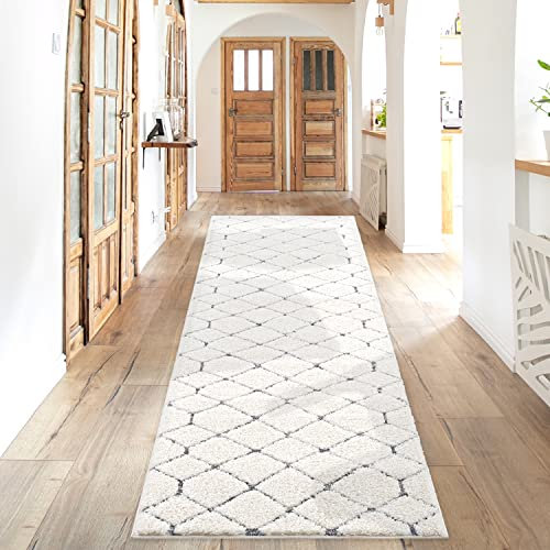 payé Teppich Läufer - Hochflor - Boho - Pastell Creme Grau - 80x300cm - Einfarbig - Modern Raute Muster - Skandinavisch Flauschig Weich - Wohnteppich Schlafzimmer Dekoration