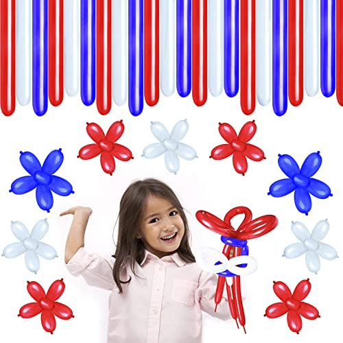 100 Pieces Long Twisting Balloons Latex Modelling Balloons for Art Animal Shape Party Weddings Birthdays Clowns Decorations Party Supplies(Red, White, Blue)