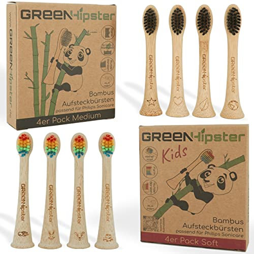 GREENHipster 8er Aufsteckbürsten aus nachhaltigem Bambus | Bürstenköpfe passend für Philips Sonicare Schallzahnbürsten | 100% BPA frei | Ersatzbürsten Familienpackung (4 Regenbogen, 4 Schwarz)