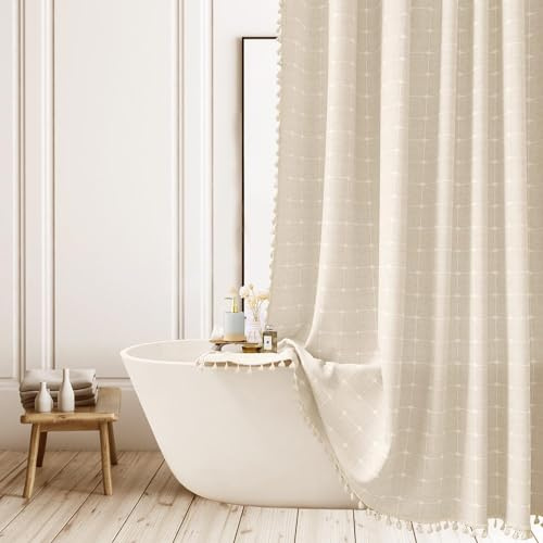 ggaimwf Boho rutigt duschdraperi bondgård randigt tyg polyester linne duschdraperier för badrum rustik neutral badrumsgardin med tofs 102 x 183 cm