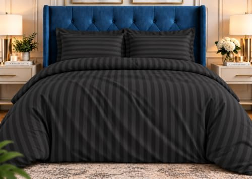 Linens World Super king Duvet Set - 3PC Hypoallergenic Satin Stripes Microfiber Quilt Superking Duvets set with Pillow Cases-Breathable & Anti Wrinkle Superking Duvet Cover Set (Black)