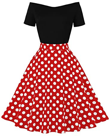 Rockabilly Kleider Damen Vintage Gepunktet Schulterfrei Kurzarm A-Linie Partykleid 50er Jahre Retro Schwingen Kleid Faltenrock Festliches Cocktailkleid Midi Abendkleid Elegant f?r Hochzeit Rot S