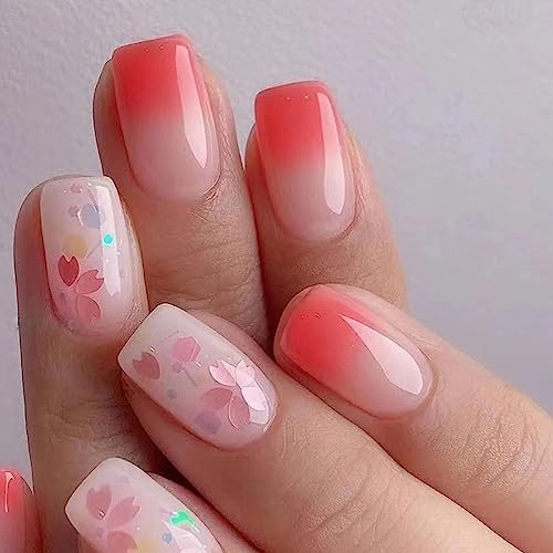Ceboic 24 Stück Press on Nails Kurz, Eckig French Rouge Cute Blumen Nägel Zum Aufkleben, Glänzend Kunstnägel Fake Nails mit Nagelkleber Aufkleber, Acryl Künstliche Fingernägel für Frauen & Mädchen
