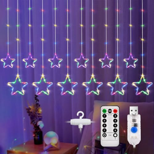DazSpirit 12 Luces de Cortina de Estrellas, 3,5 m 144 LED Guirnaldas Luminosas Estrellas Navidad, con Ganchos, Remoto 8 Modos, USB, Temporizador, para Navidad, Decoraciones de Fiesta (Vistoso)