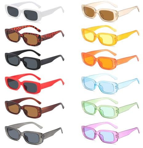 Lot de 12 lunettes de soleil rectangulaires rétro, carrées vintage Y2K, multicolores pour femmes et hommes