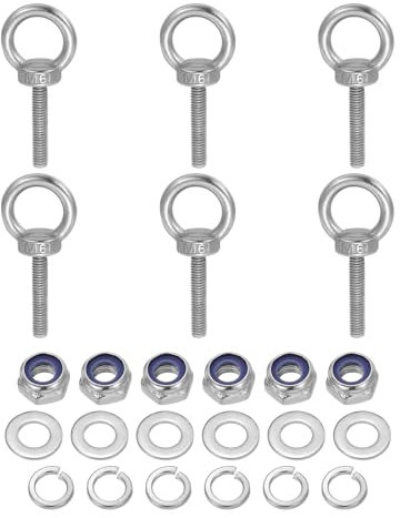 sourcing map Lifting Shoulder Eye Bolt M6 x 30 mm, 304 Stainless Steel Ring Shape Male Thread Eyebolt with Nuts Washers for Engineering Port Marine Hanging Pack of 6