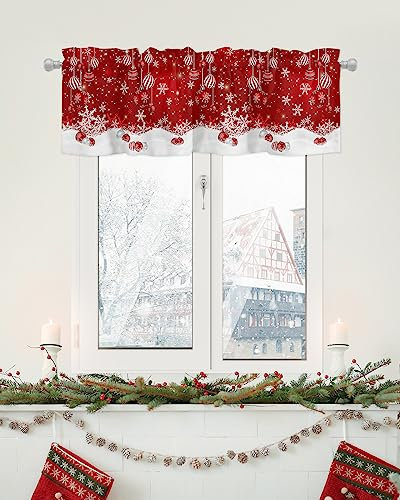 Weihnachtsvolant für Fenster, Winter-Schneeflocken, Frohe Weihnachten, Kugel-Ornamente, Weihnachtsschneeflocke, glitzernd, rot, Fensterbehandlungen, 1 Panel, kurze Vorhänge für Küche, Fenster,