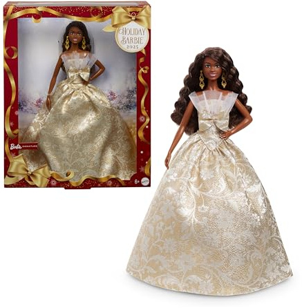 Barbie Signature Puppe, 2025 Holiday, schwarzhaarige Modepuppe mit Kleid in Silber und Gold, saisonale Sammlerpuppe in Einer Verpackung zum Ausstellen und mit Puppenständer, JBJ01