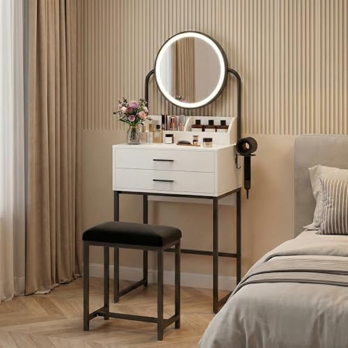 YOURLITE Small Dressing Table with Lighted Mirror, Vanity Desk with Stool